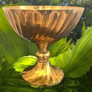 Vintage Brass Compote Chalice Pedestal Bowl Fluted Mid Century Hollywood Regency